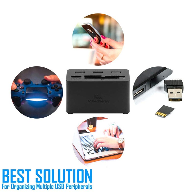 Kingwin USB HUB Adapter w/ Memory Card Reader Writer & USB 3.0 HUB Combo - Supports High Speed SD MS Micro M2 CF Card Reader For Macbook, Laptop, Desktop - Includes USB Cable 5 Gbps Speed, Black - Image 5